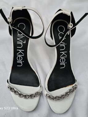 Calvin Klein White Ankle-Strap Sandals with Silver Chain Accent